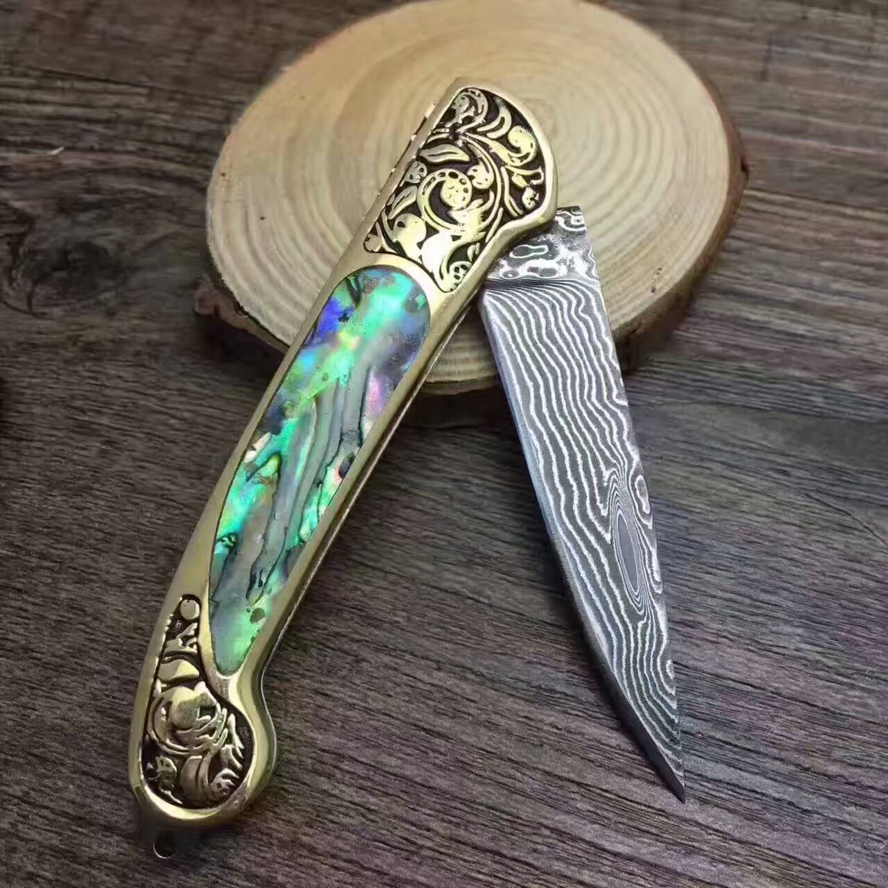 Folding Survival Hunting Knife With Natural Shell Handle