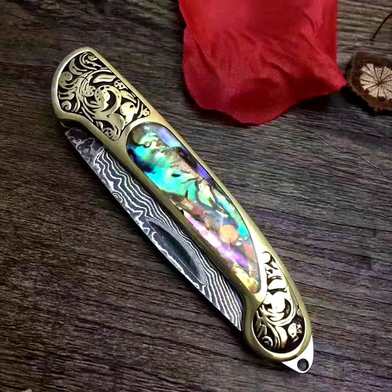 Folding Survival Hunting Knife With Natural Shell Handle